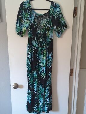 City Chic Black Maxi Dress with Green Tropical Print